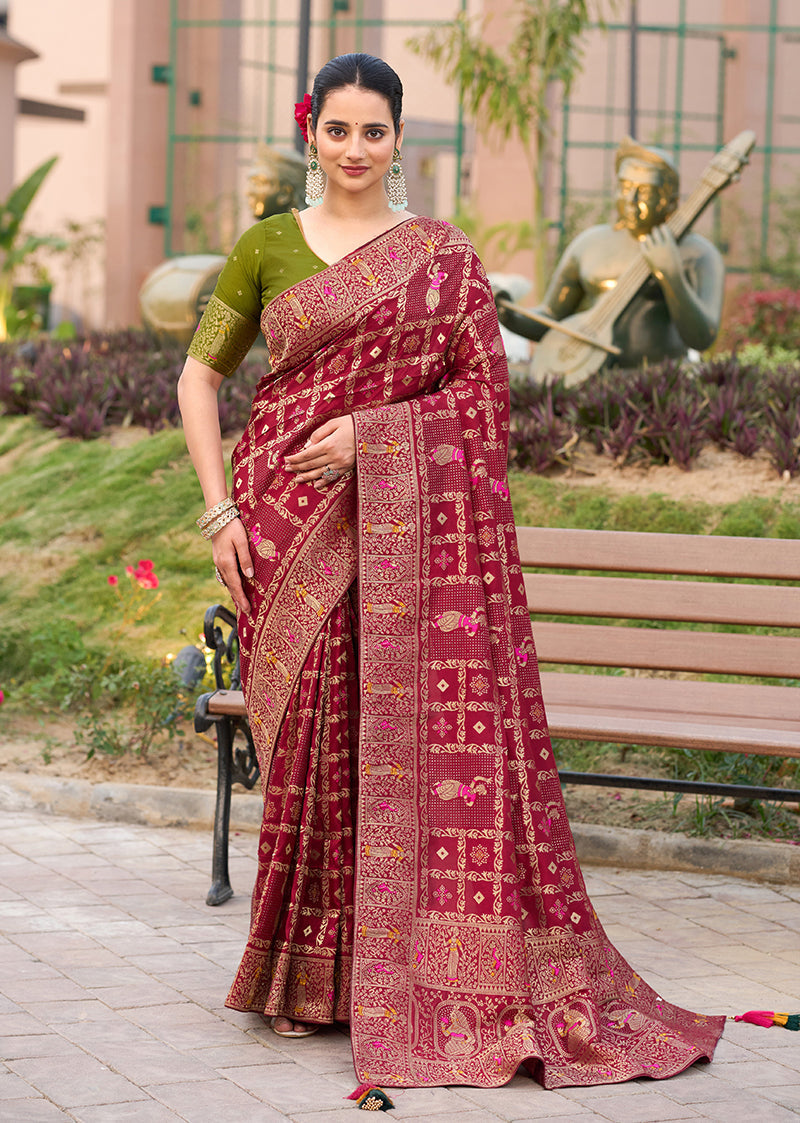 Monjolika Fashion Maroon Color Dola Silk Gharchola Design Rich Pallu Work Saree | Grocsy