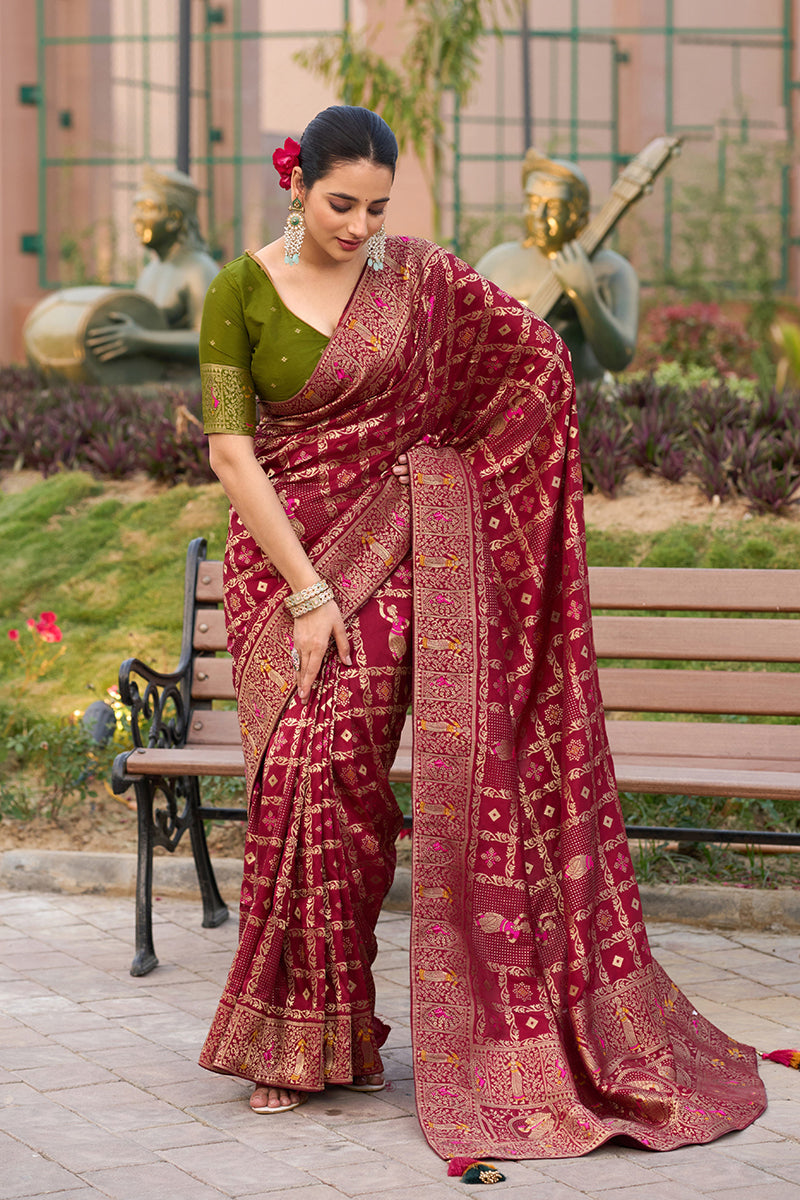 Monjolika Fashion Maroon Color Dola Silk Gharchola Design Rich Pallu Work Saree | Grocsy