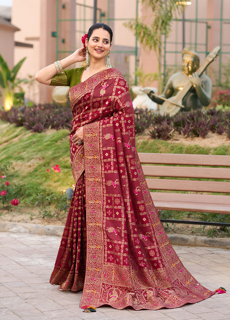 Monjolika Fashion Maroon Color Dola Silk Gharchola Design Rich Pallu Work Saree | Grocsy
