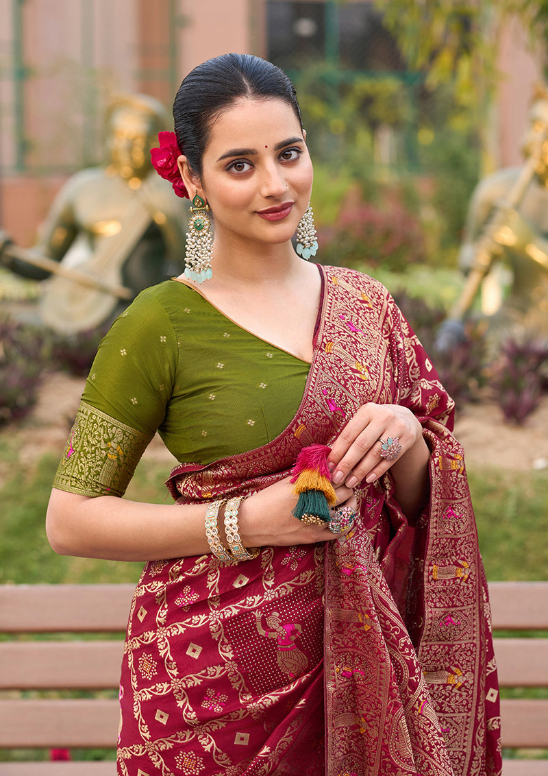 Monjolika Fashion Maroon Color Dola Silk Gharchola Design Rich Pallu Work Saree | Grocsy