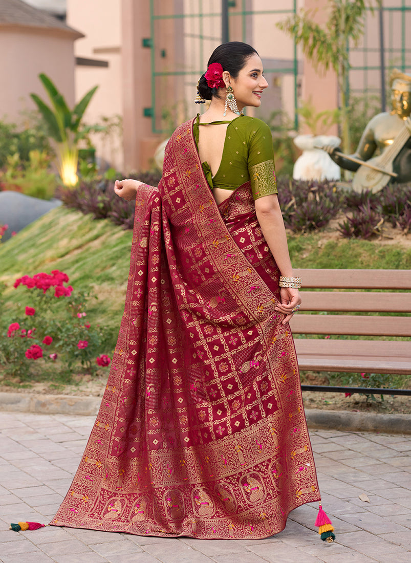 Monjolika Fashion Maroon Color Dola Silk Gharchola Design Rich Pallu Work Saree | Grocsy