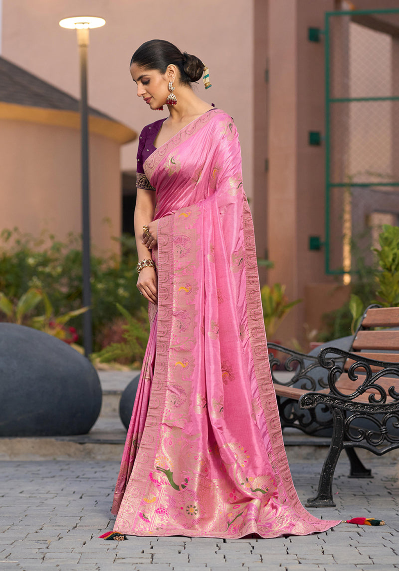 Monjolika Fashion Dola Silk Meenakari Weave Work Traditional Saree In Light Pink | Grocsy