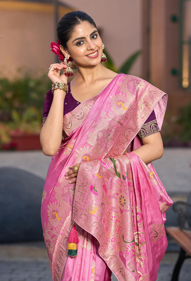 Monjolika Fashion Dola Silk Meenakari Weave Work Traditional Saree In Light Pink | Grocsy