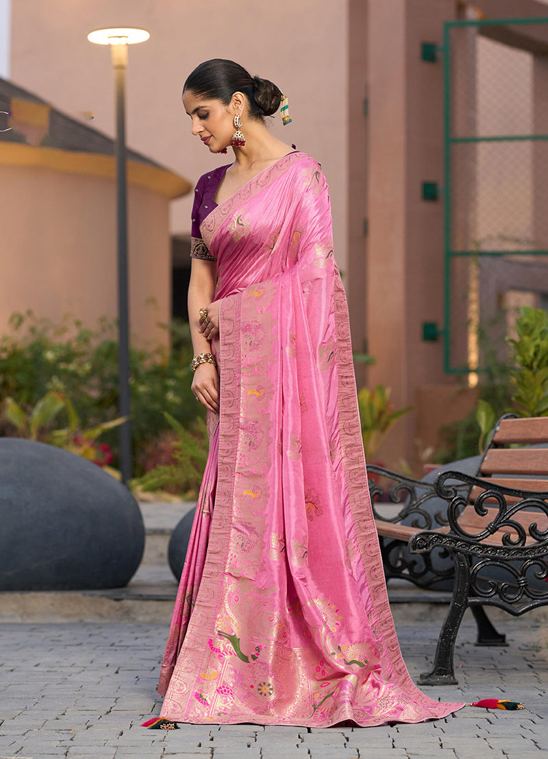 Monjolika Fashion Dola Silk Meenakari Weave Work Traditional Saree In Light Pink | Grocsy