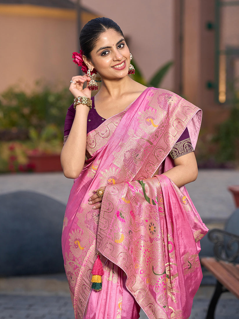 Monjolika Fashion Dola Silk Meenakari Weave Work Traditional Saree In Light Pink | Grocsy