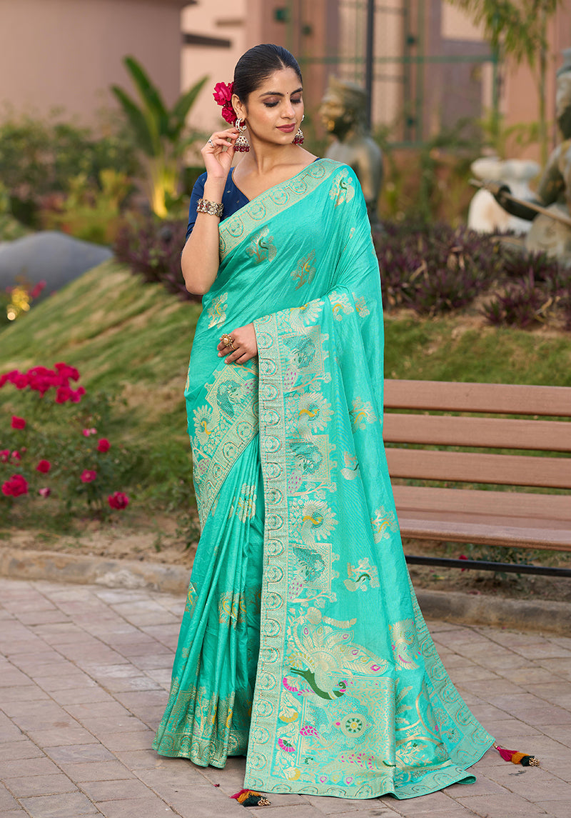 Monjolika Fashion Dola Silk Meenakari Weave Work Traditional Saree In Turquoise | Grocsy