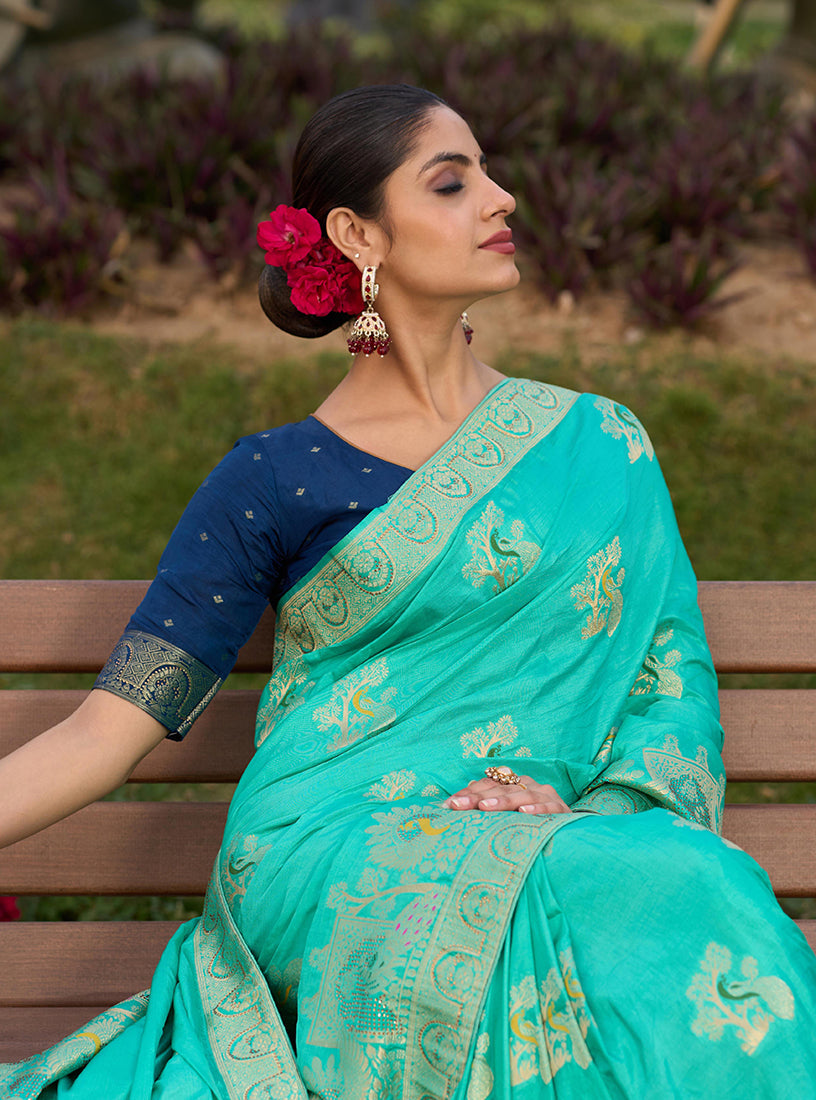 Monjolika Fashion Dola Silk Meenakari Weave Work Traditional Saree In Turquoise | Grocsy