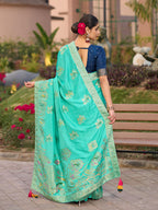 Monjolika Fashion Dola Silk Meenakari Weave Work Traditional Saree In Turquoise | Grocsy