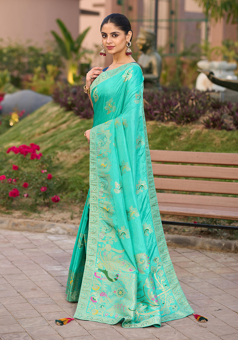 Monjolika Fashion Dola Silk Meenakari Weave Work Traditional Saree In Turquoise | Grocsy