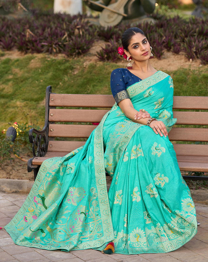 Monjolika Fashion Dola Silk Meenakari Weave Work Traditional Saree In Turquoise | Grocsy