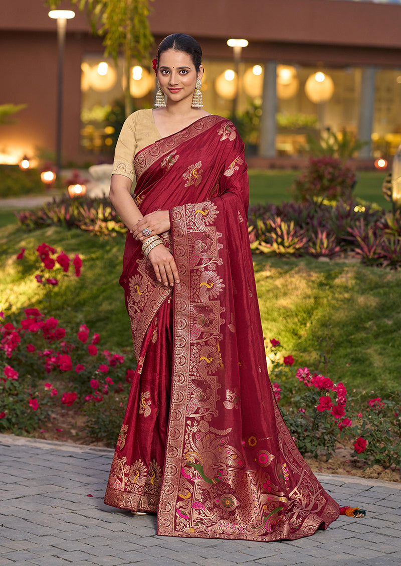 Monjolika Fashion Dola Silk Meenakari Weave Work Traditional Saree In Maroon | Grocsy