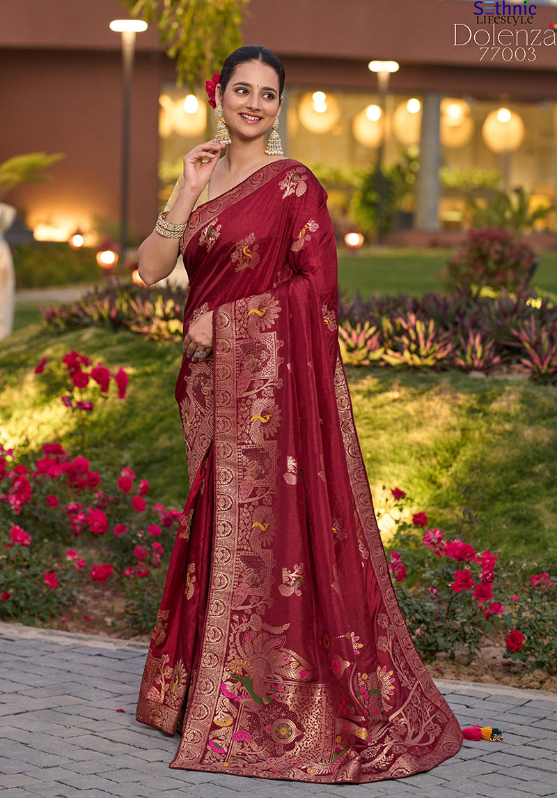 Monjolika Fashion Dola Silk Meenakari Weave Work Traditional Saree In Maroon | Grocsy