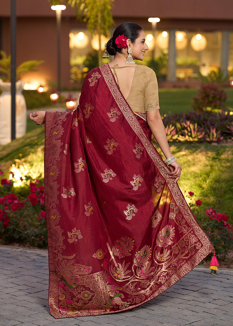 Monjolika Fashion Dola Silk Meenakari Weave Work Traditional Saree In Maroon | Grocsy