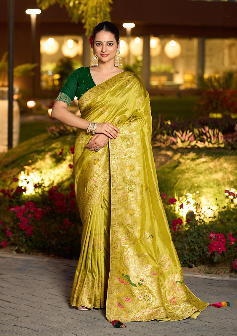 Monjolika Fashion Dola Silk Meenakari Weave Work Traditional Saree In Parrot Green | Grocsy