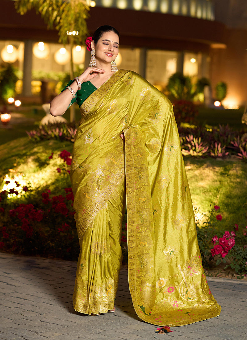 Monjolika Fashion Dola Silk Meenakari Weave Work Traditional Saree In Parrot Green | Grocsy