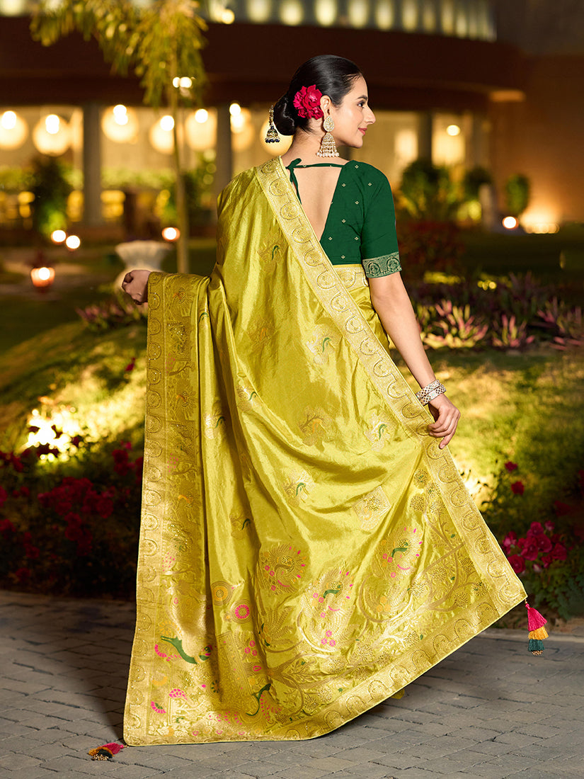 Monjolika Fashion Dola Silk Meenakari Weave Work Traditional Saree In Parrot Green | Grocsy