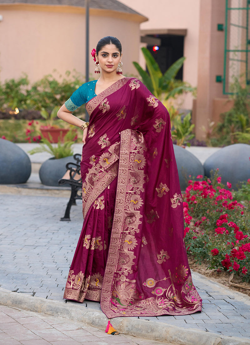 Monjolika Fashion Dola Silk Meenakari Weave Work Traditional Saree In Purple | Grocsy
