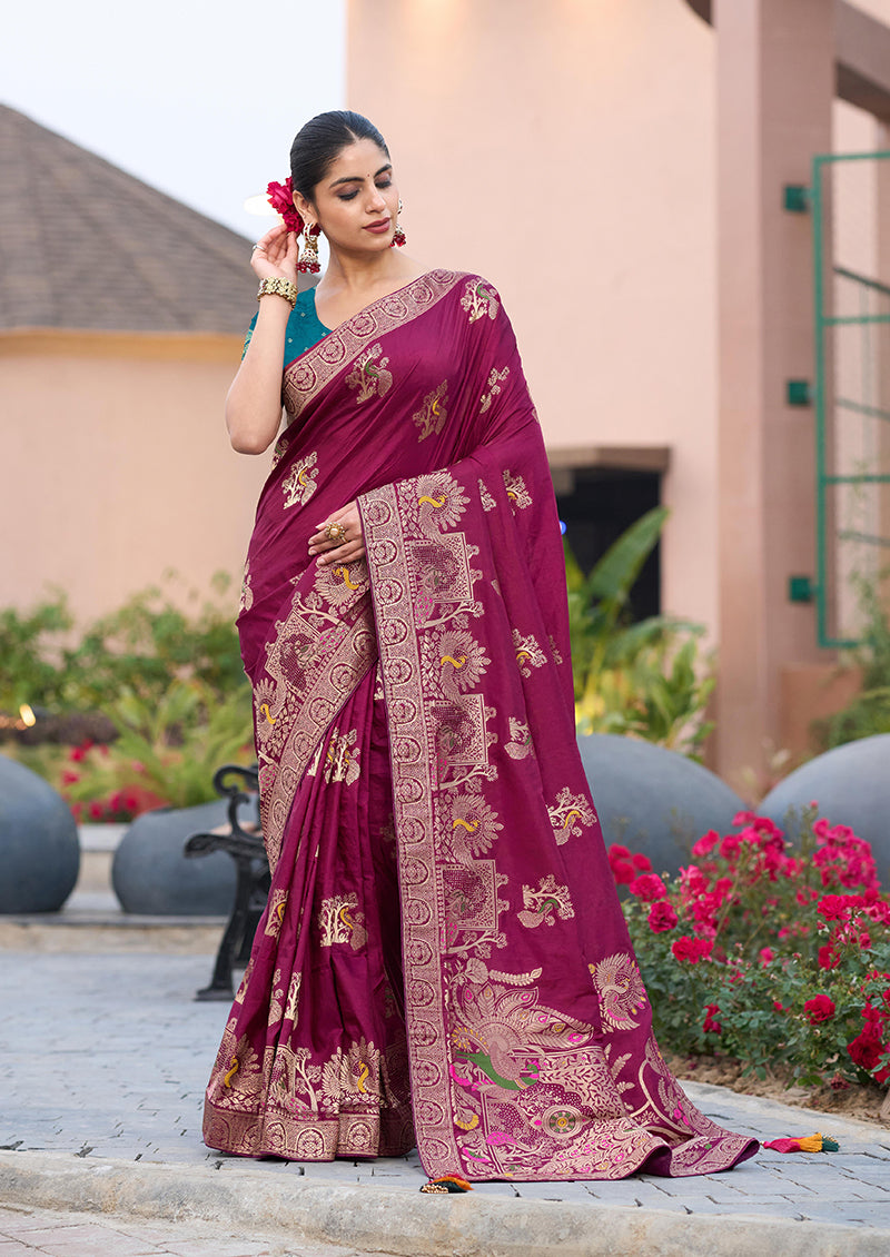 Monjolika Fashion Dola Silk Meenakari Weave Work Traditional Saree In Purple | Grocsy