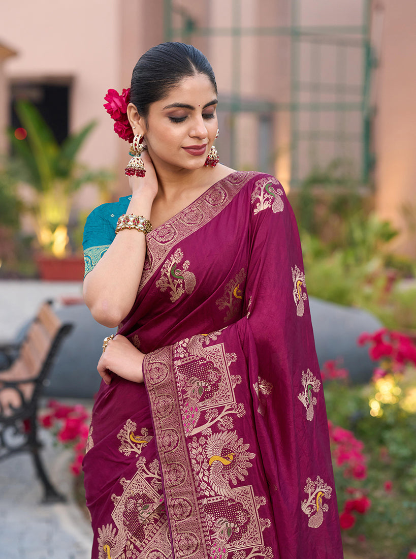 Monjolika Fashion Dola Silk Meenakari Weave Work Traditional Saree In Purple | Grocsy