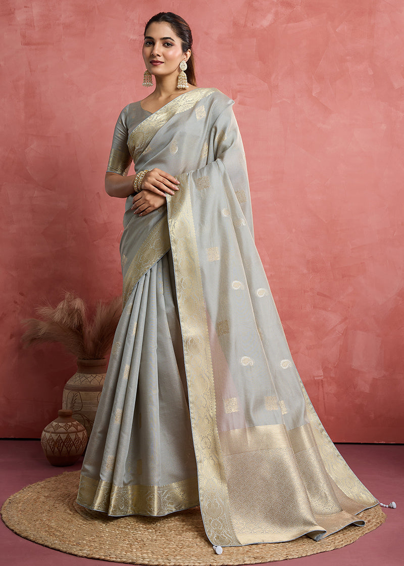 Monjolika Fashion Light Grey Soft Silk Weaving Ceremonial Classic Saree | Grocsy