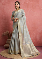 Monjolika Fashion Light Grey Soft Silk Weaving Ceremonial Classic Saree | Grocsy