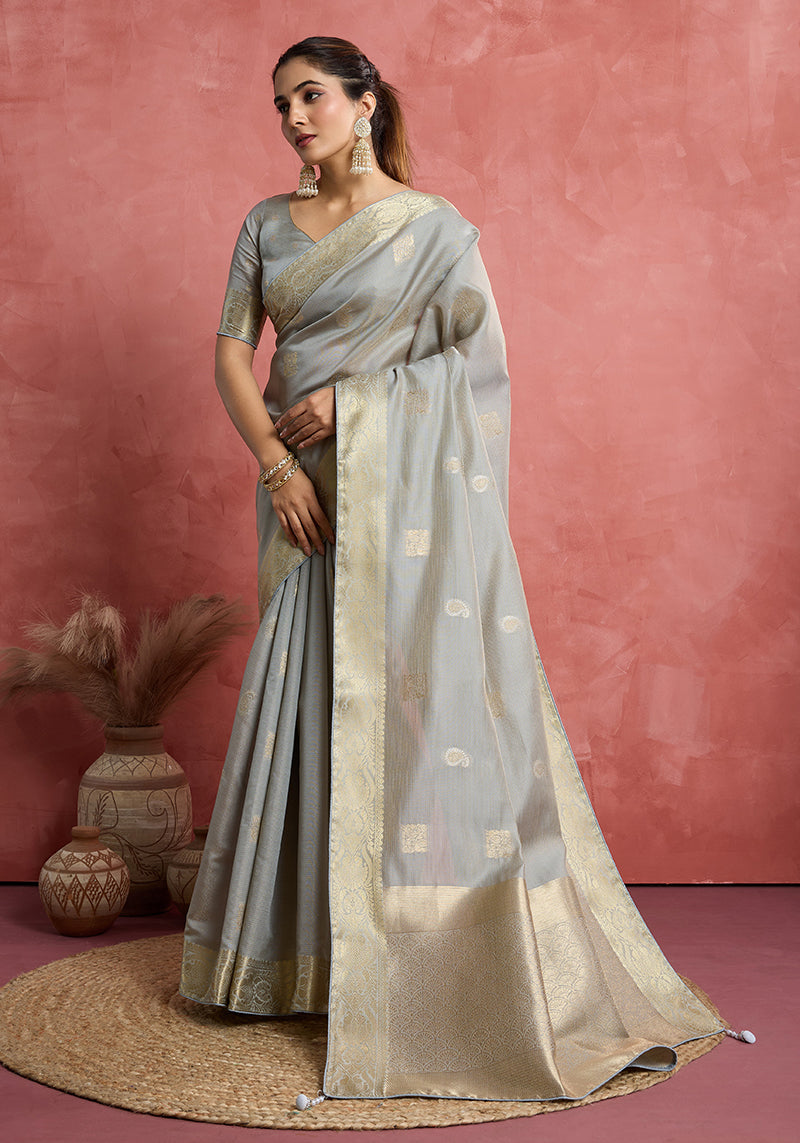Monjolika Fashion Light Grey Soft Silk Weaving Ceremonial Classic Saree | Grocsy