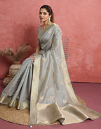 Monjolika Fashion Light Grey Soft Silk Weaving Ceremonial Classic Saree | Grocsy