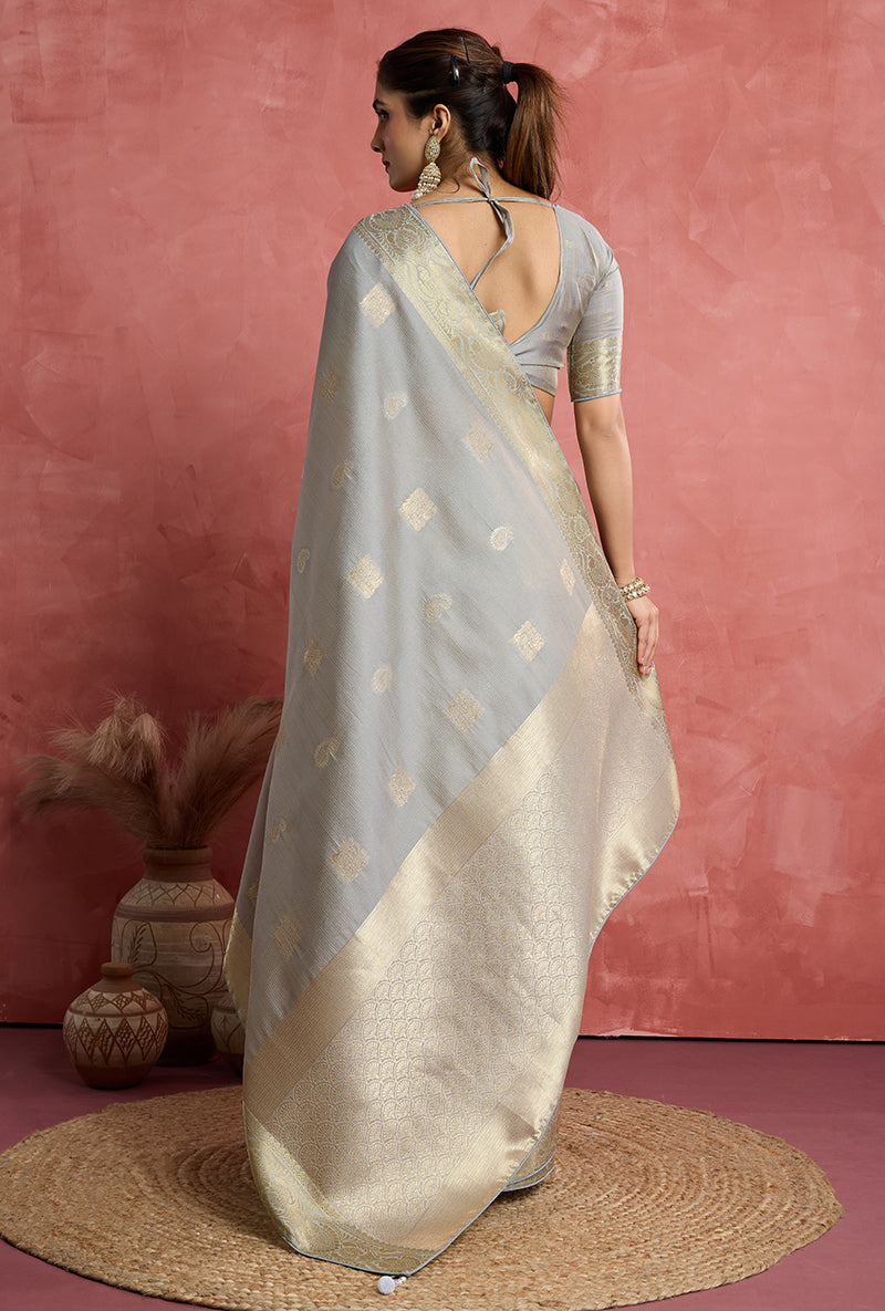 Monjolika Fashion Light Grey Soft Silk Weaving Ceremonial Classic Saree | Grocsy
