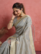 Monjolika Fashion Light Grey Soft Silk Weaving Ceremonial Classic Saree | Grocsy