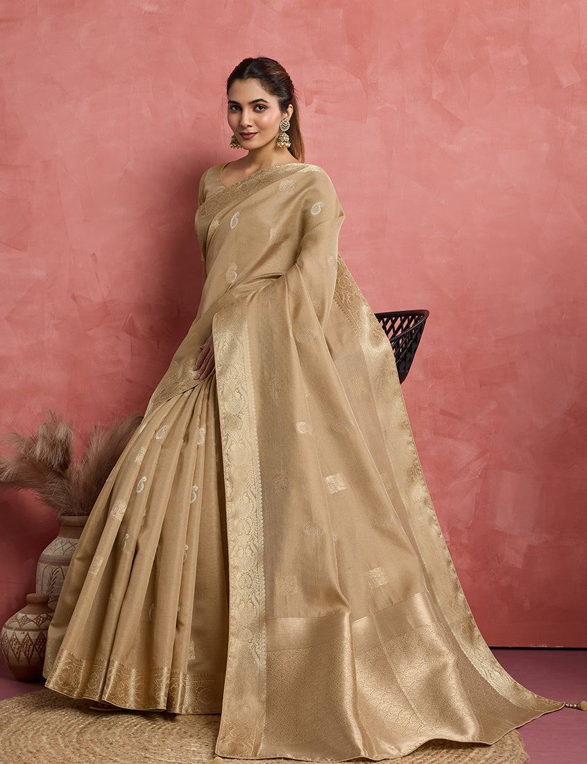 Monjolika Fashion Beige Soft Silk Weaving Ceremonial Classic Saree | Grocsy