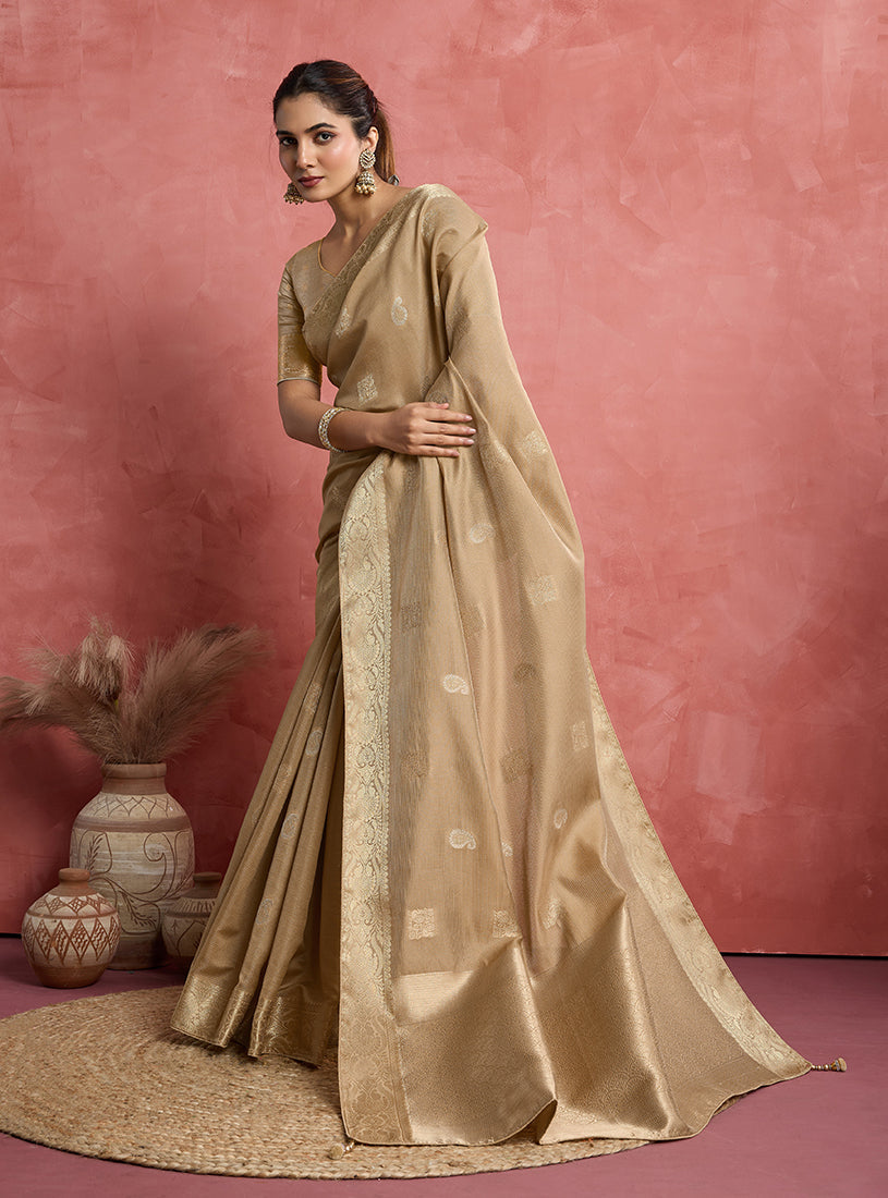 Monjolika Fashion Beige Soft Silk Weaving Ceremonial Classic Saree | Grocsy