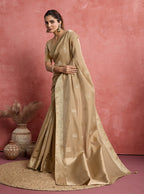 Monjolika Fashion Beige Soft Silk Weaving Ceremonial Classic Saree | Grocsy