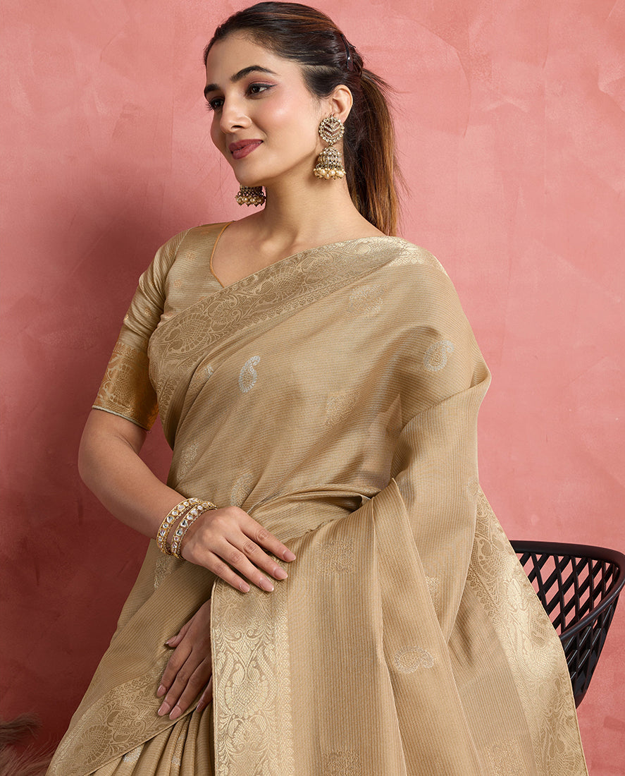 Monjolika Fashion Beige Soft Silk Weaving Ceremonial Classic Saree | Grocsy