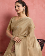 Monjolika Fashion Beige Soft Silk Weaving Ceremonial Classic Saree | Grocsy