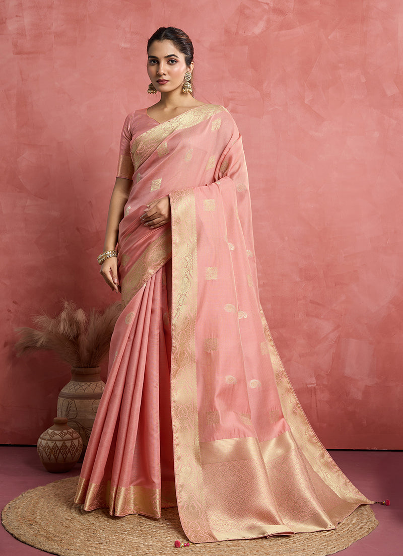 Monjolika Fashion Baby Pink Soft Silk Weaving Ceremonial Classic Saree | Grocsy