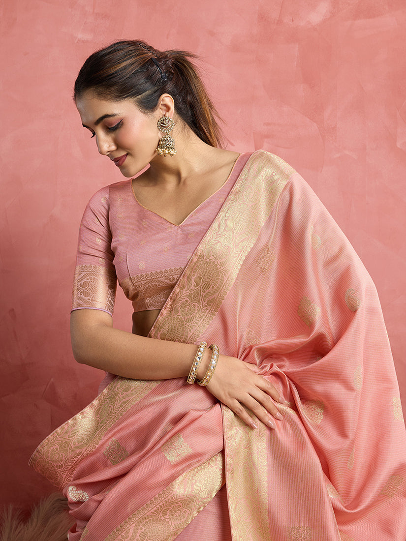 Monjolika Fashion Baby Pink Soft Silk Weaving Ceremonial Classic Saree | Grocsy