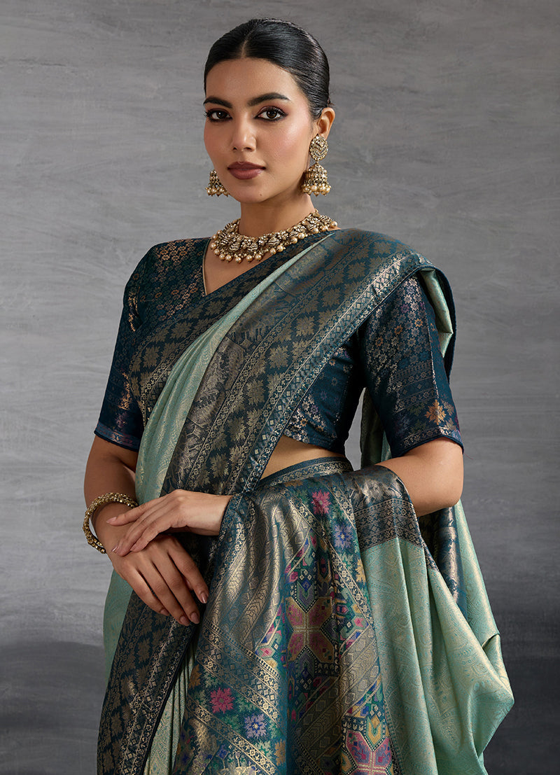 Monjolika Fashion Sky Blue Soft Kanjivaram Silk Meenakari Weaving Work Ceremonial Saree | Grocsy