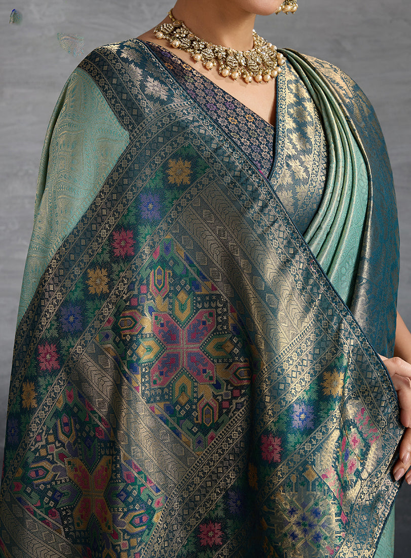 Monjolika Fashion Sky Blue Soft Kanjivaram Silk Meenakari Weaving Work Ceremonial Saree | Grocsy