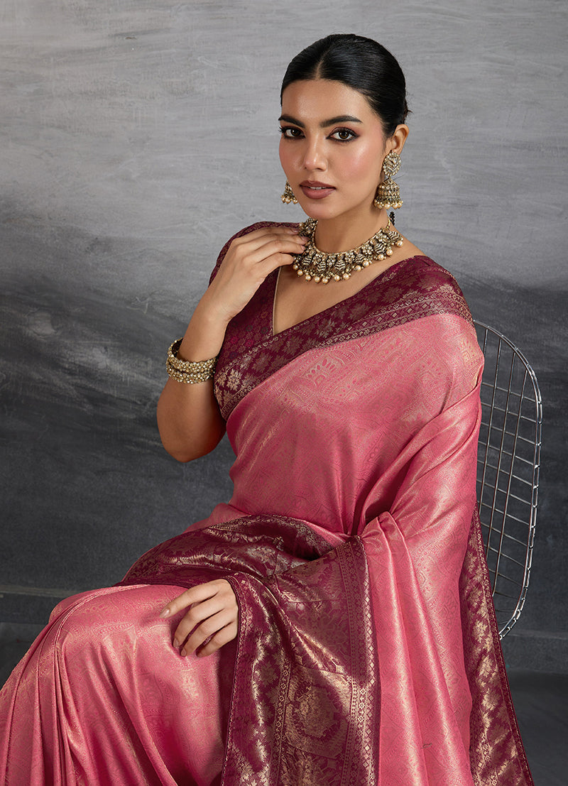 Monjolika Fashion Pink Soft Kanjivaram Silk Meenakari Weaving Work Ceremonial Saree | Grocsy