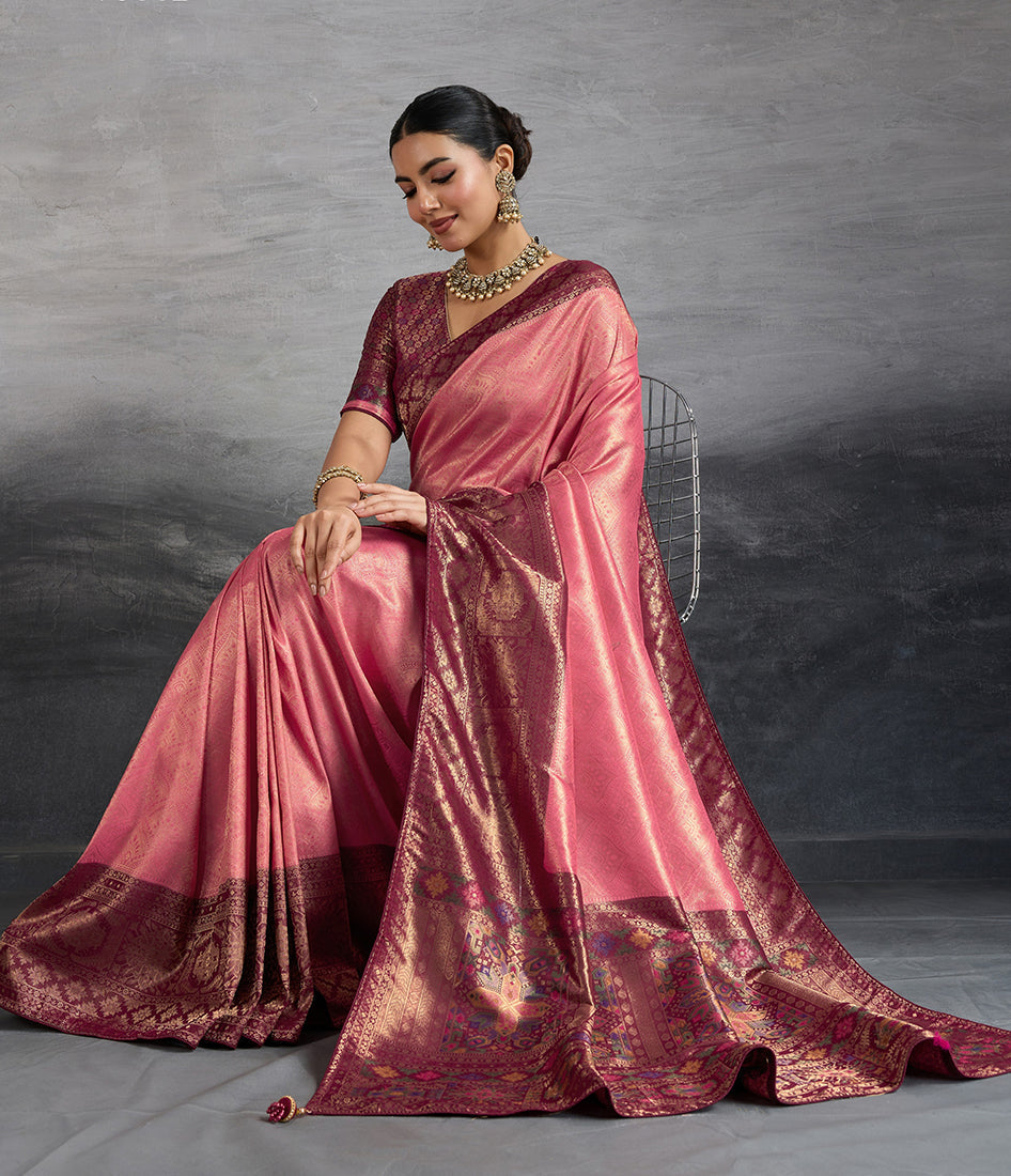 Monjolika Fashion Pink Soft Kanjivaram Silk Meenakari Weaving Work Ceremonial Saree | Grocsy