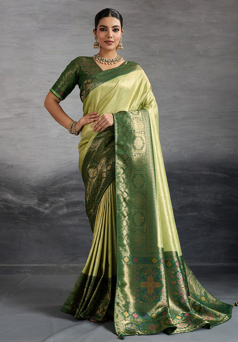 Monjolika Fashion Parrot Green Soft Kanjivaram Silk Meenakari Weaving Work Ceremonial Saree | Grocsy