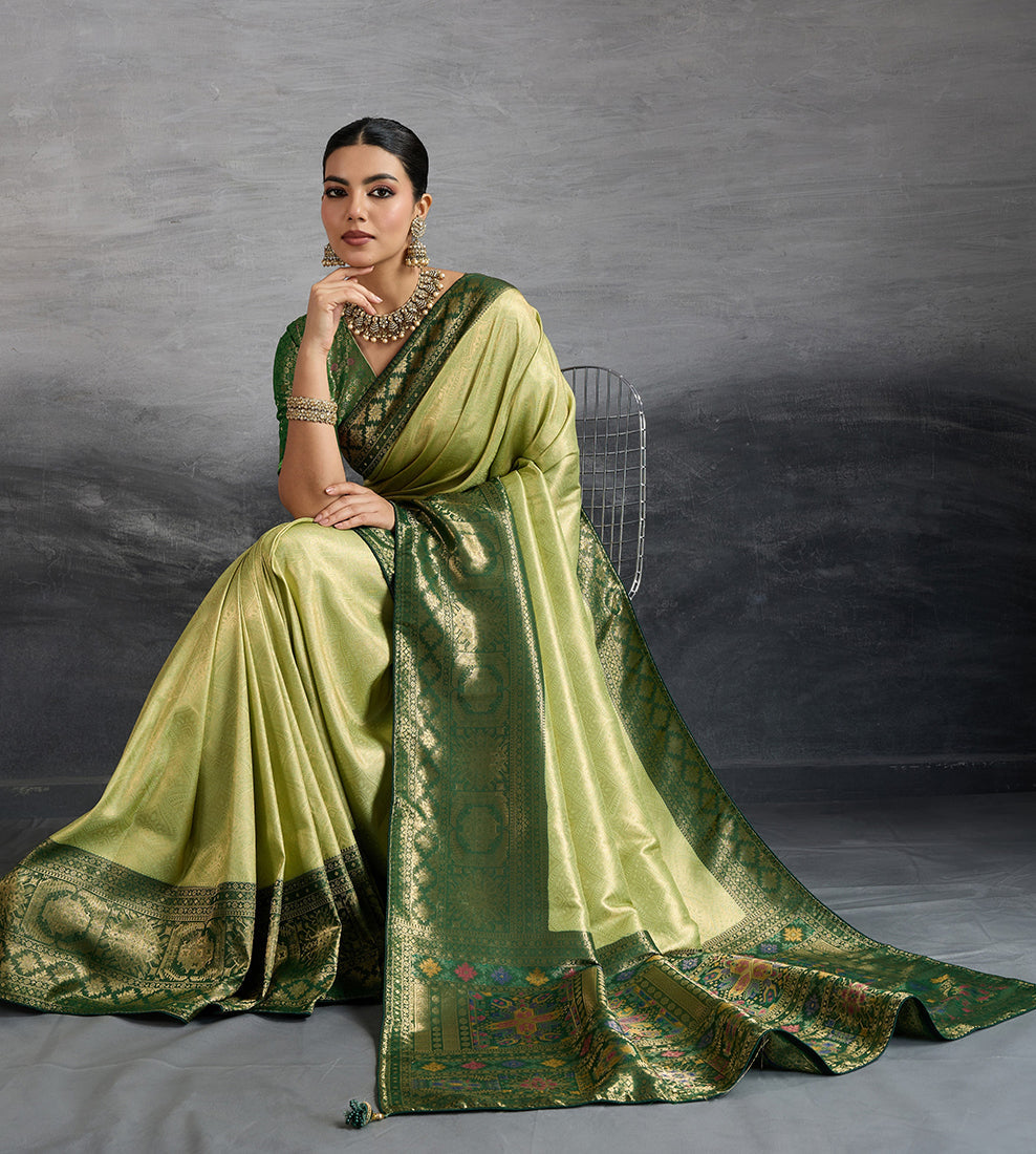 Monjolika Fashion Parrot Green Soft Kanjivaram Silk Meenakari Weaving Work Ceremonial Saree | Grocsy