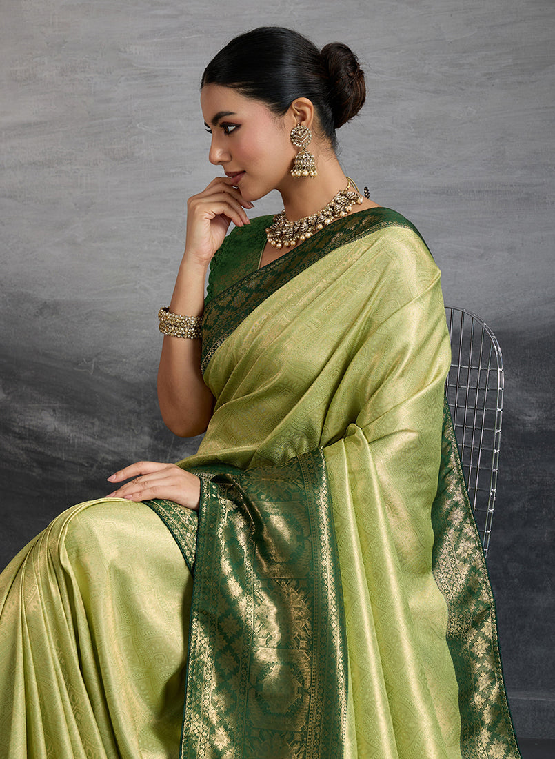 Monjolika Fashion Parrot Green Soft Kanjivaram Silk Meenakari Weaving Work Ceremonial Saree | Grocsy