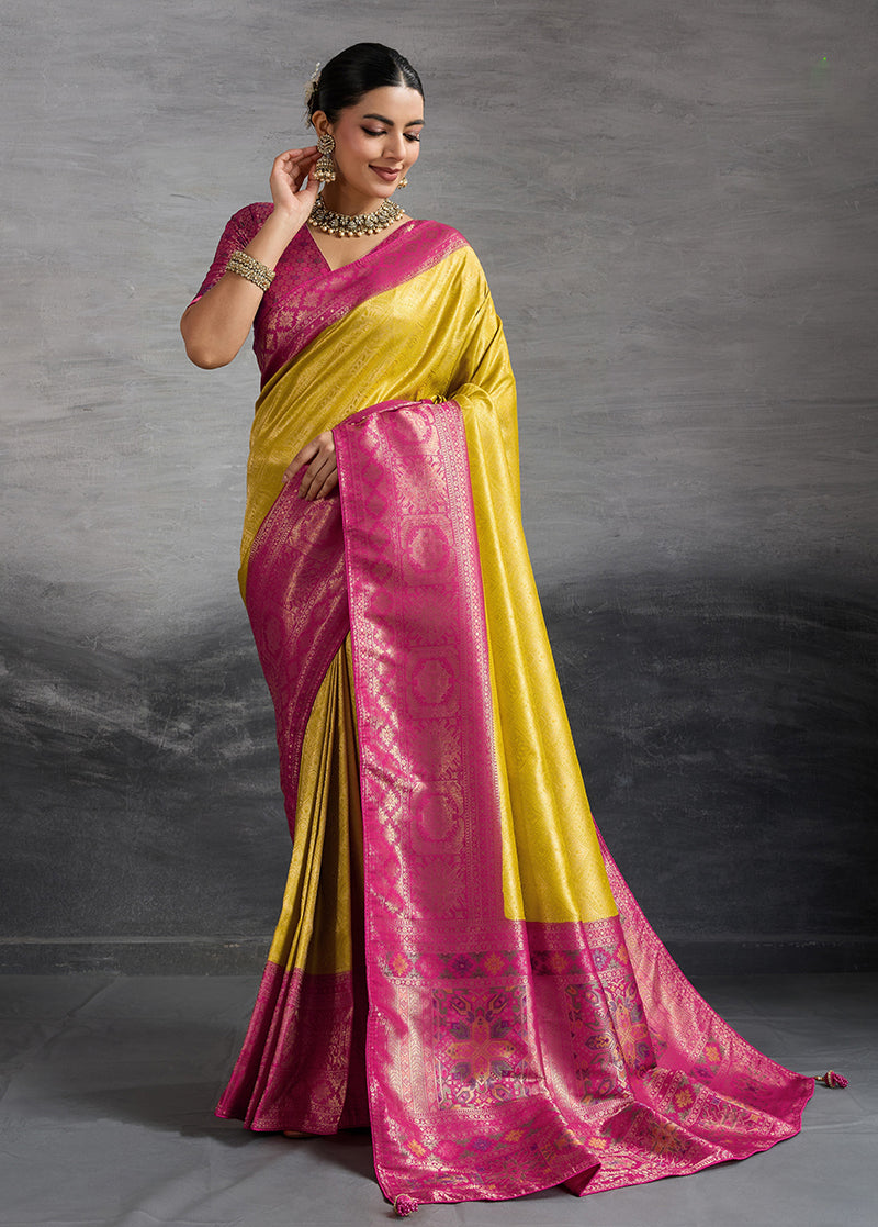 Monjolika Fashion Yellow Soft Kanjivaram Silk Meenakari Weaving Work Ceremonial Saree | Grocsy