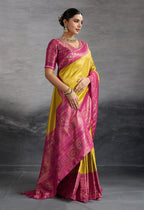 Monjolika Fashion Yellow Soft Kanjivaram Silk Meenakari Weaving Work Ceremonial Saree | Grocsy