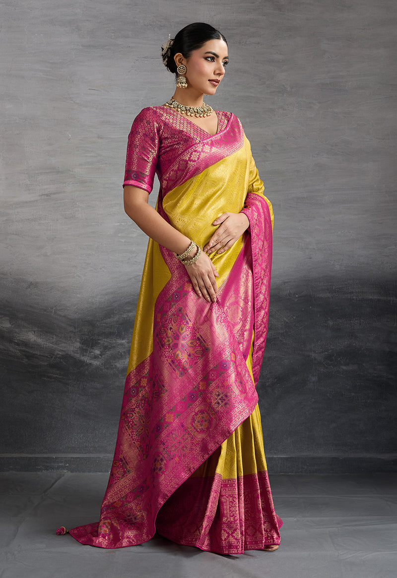 Monjolika Fashion Yellow Soft Kanjivaram Silk Meenakari Weaving Work Ceremonial Saree | Grocsy