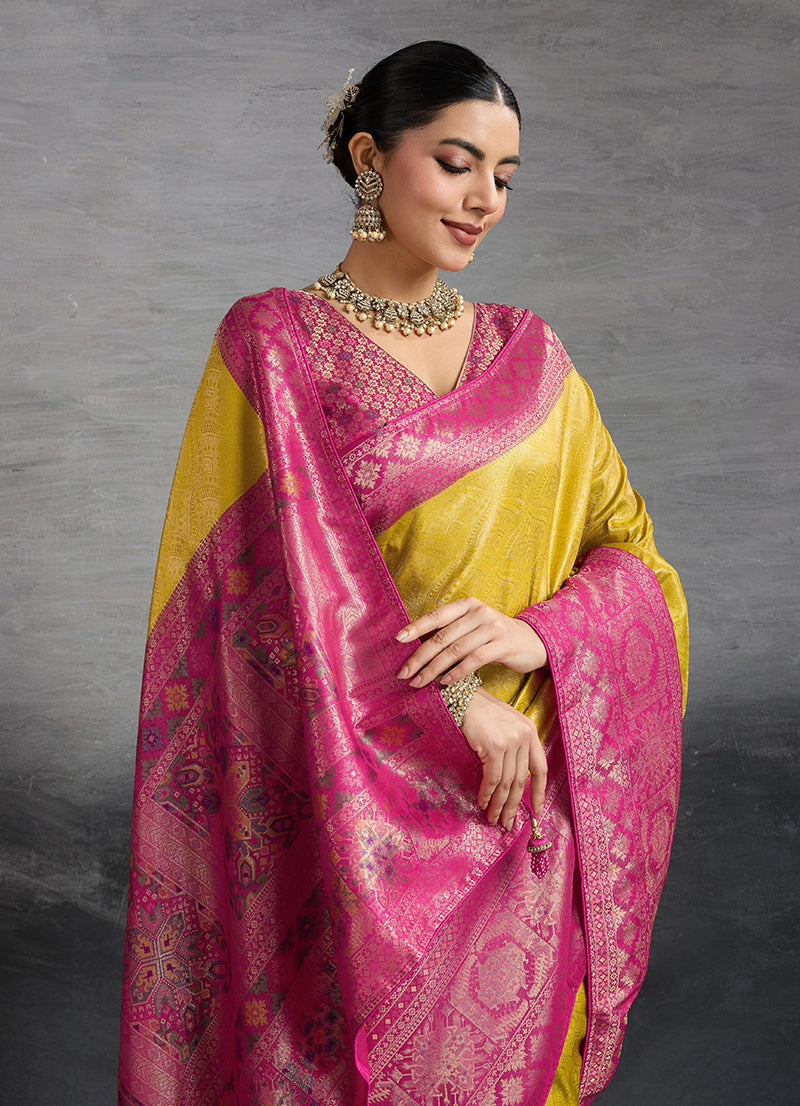 Monjolika Fashion Yellow Soft Kanjivaram Silk Meenakari Weaving Work Ceremonial Saree | Grocsy