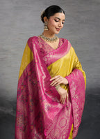 Monjolika Fashion Yellow Soft Kanjivaram Silk Meenakari Weaving Work Ceremonial Saree | Grocsy