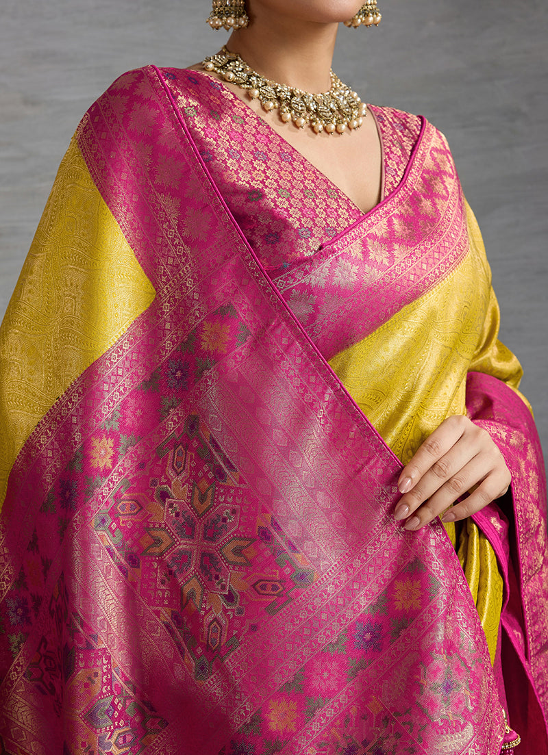 Monjolika Fashion Yellow Soft Kanjivaram Silk Meenakari Weaving Work Ceremonial Saree | Grocsy
