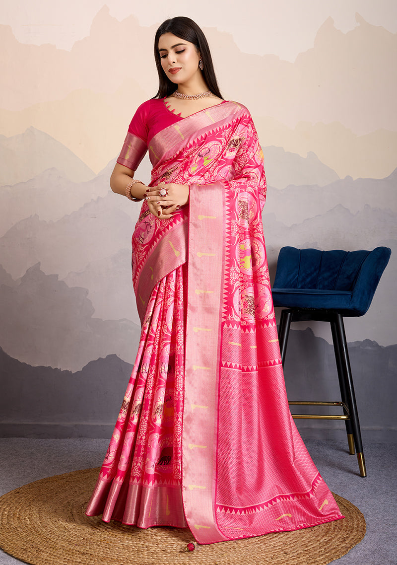 Monjolika Fashion Rani Pink Zari Border Work Dola Satin Digital Printed Trendy Saree | Grocsy